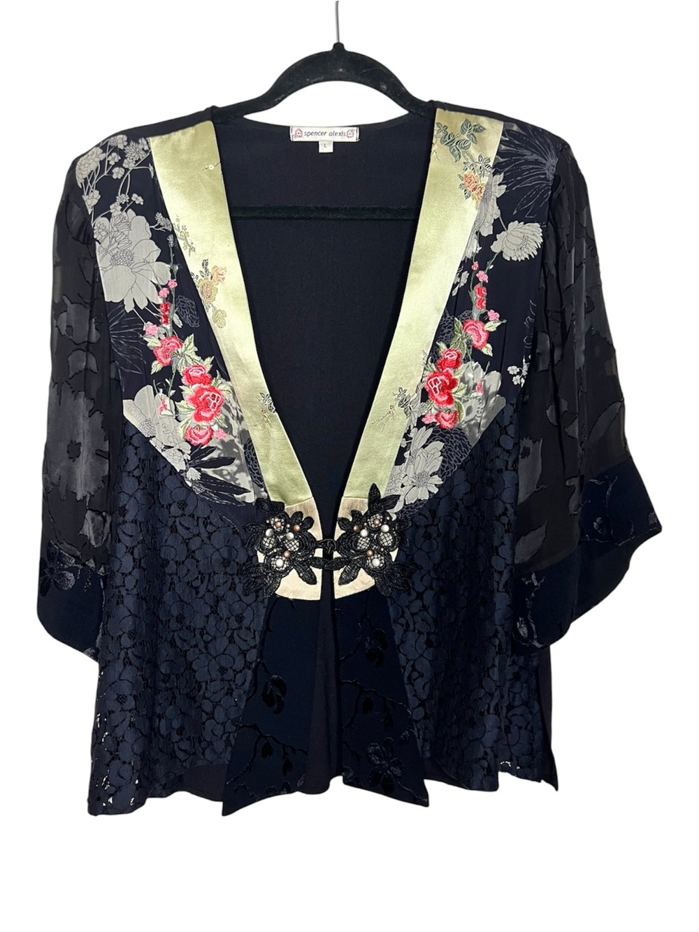 VTG Spencer Alexis Embroidered Kimono Jacket Lace Silk Blend Black Size Large